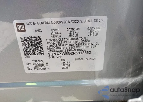 2024 Chevrolet Equinox Awd Rs из США, поврежденный, VIN 3GNAXWEG2RS113552